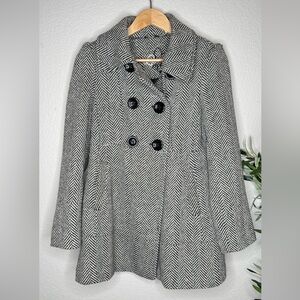 Guess Black and White Herringbone Wool Blend Peacoat Jacket Double Breast‎ MP